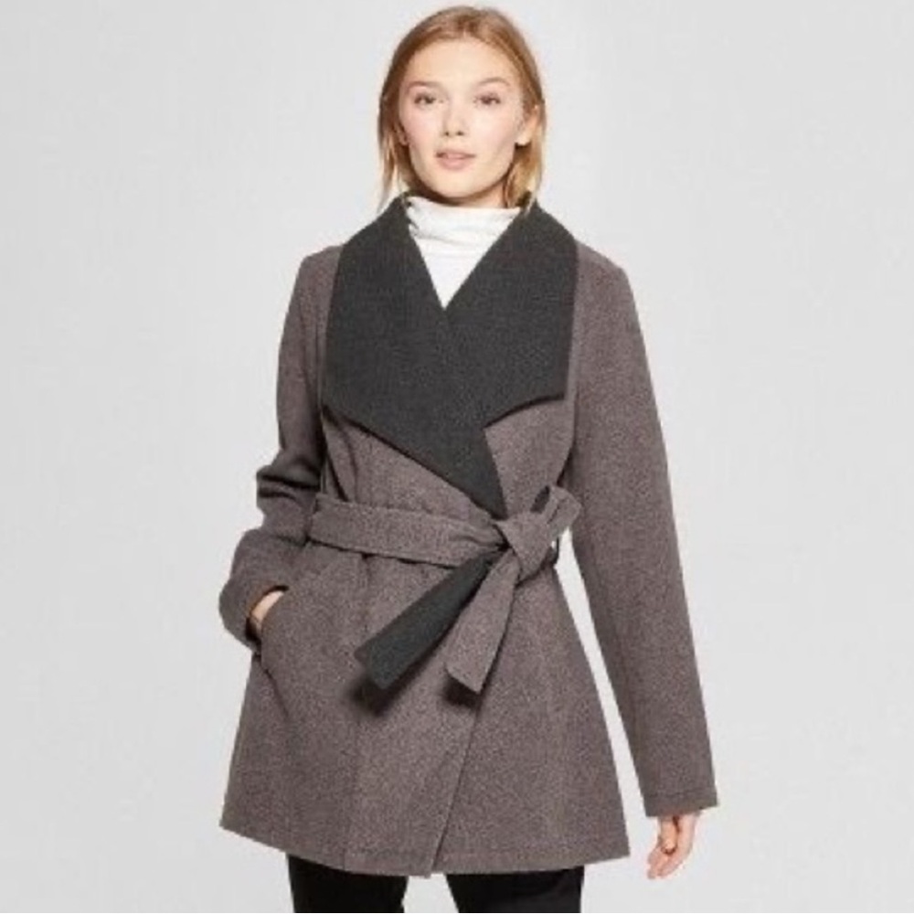 Gray Two-Tone Shawl Collar Tie-Belt Coat | A New Day | XS | Charcoal Gray | EUC